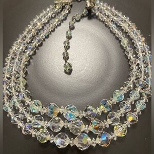 Vintage Aurora Borealis Crystals 3 Strand Torsade Graduated Laguna Necklace